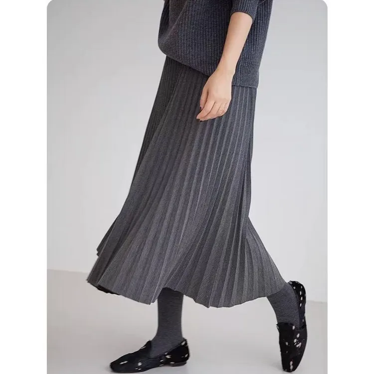 TUBREIT/图百年厚款秋冬垂感显瘦百褶裙半身裙百搭中长款大摆裙