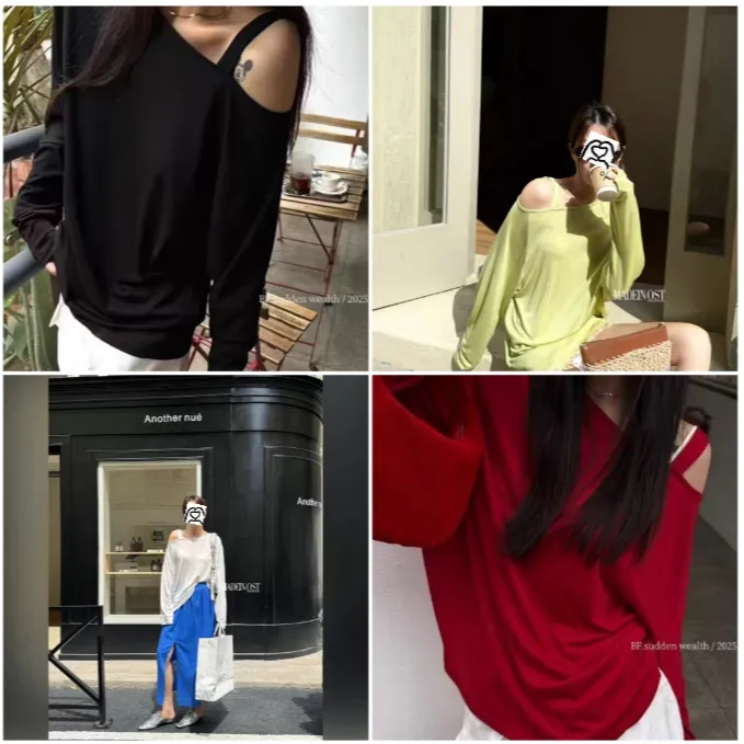 夏季莱赛尔天丝雪花棉韩系慵懒净版不对称露肩宽松空调罩衫8883