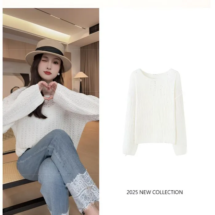 新款小众随性慵懒纯色小亮片镂空长袖针织衫上衣6736