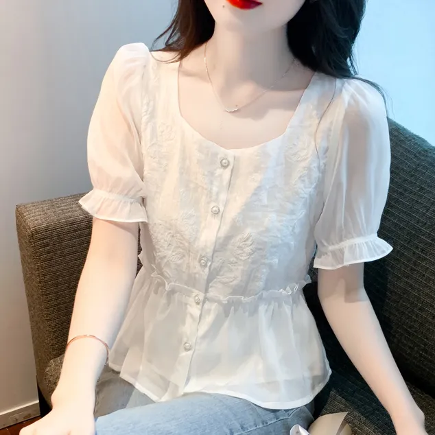 法式气质方领白色短袖雪纺衫女士夏季新款洋气蕾丝衫收腰显瘦上衣