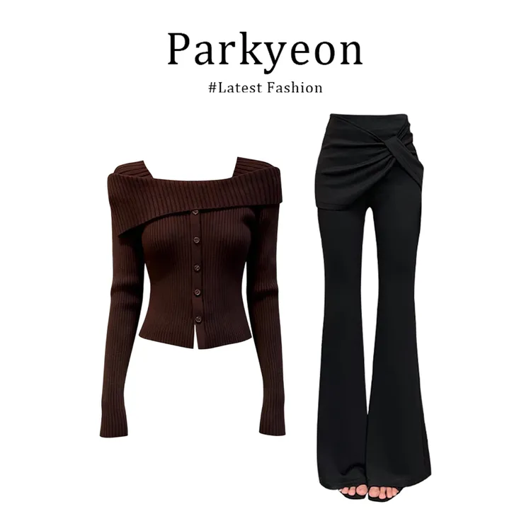 温斯顿艺术生~美拉德毛衣上衣咖色显瘦牛仔裤冬季套装女