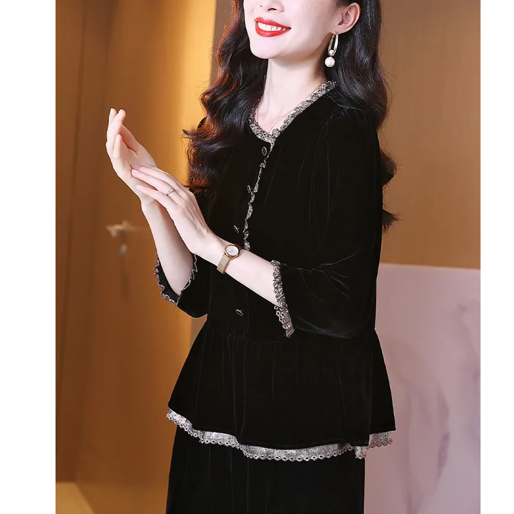 双十一真丝丝绒上衣女春秋时尚显瘦荷叶领黑色小衫减龄桑蚕丝衬衫