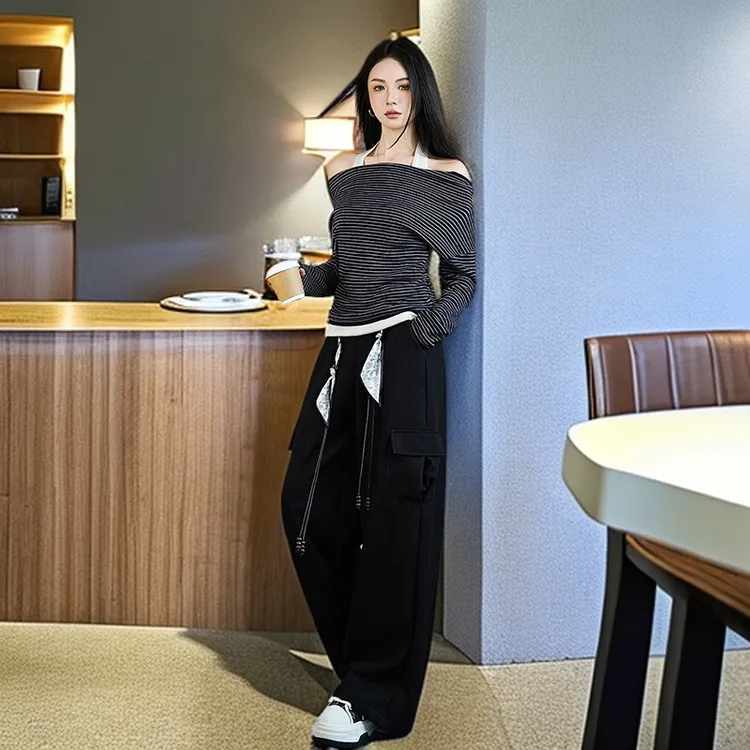 美式潮流时尚休闲套装早秋新款辣妹风挂脖一字肩假两件长袖工装裤