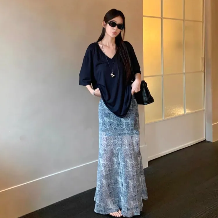 休闲风法式高腰长裙女2025夏季新款小众高级感鱼尾裙高级印花半裙