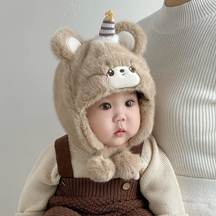 宝宝帽子冬季护耳帽韩版可爱小熊男童女婴幼儿加绒雷锋帽套头保暖