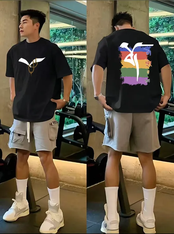 国潮藏文LOGO印花短袖夏季不透重磅百搭痞帅慵懒风圆领男t恤上衣