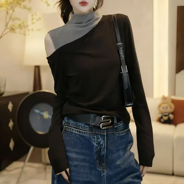 半高领磨毛露肩长袖T恤打底衫2025秋冬新款撞色拼接假两件上衣