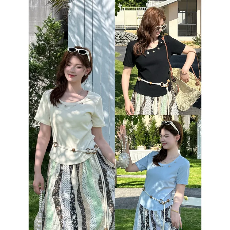 裂渡宣宣【初恋感】微胖大码女夏时尚贝壳装饰百搭短袖T恤ZY505A64