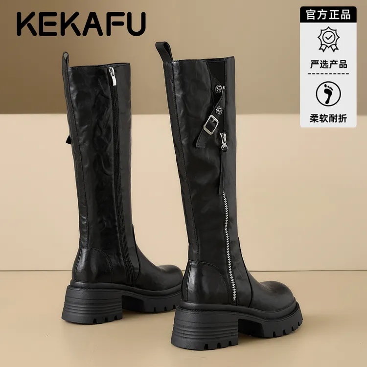 珂卡芙时尚百搭厚底骑士靴复古长筒靴女2025新款冬季不过膝高筒靴