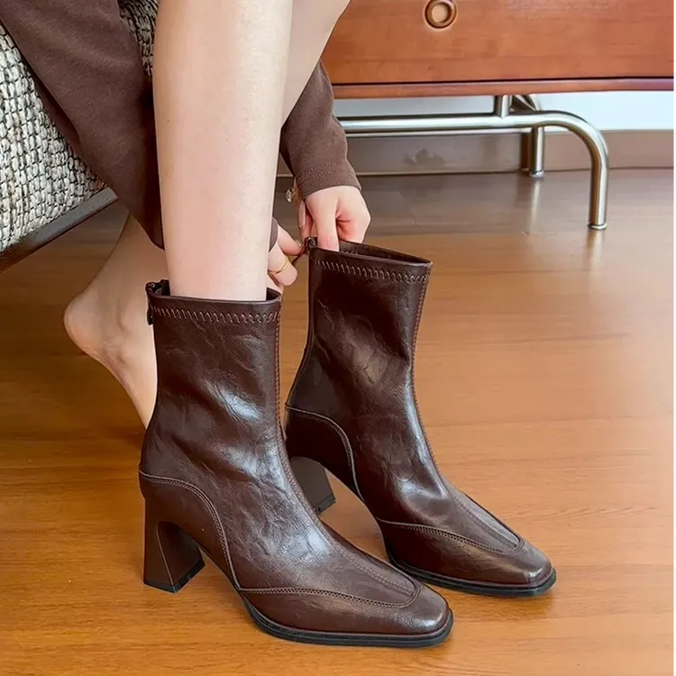 好显贵气~韩版高跟方头瘦瘦靴短靴女粗跟复古马丁靴英伦短筒单靴