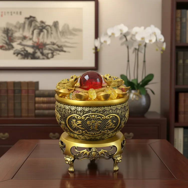 【百汇坊】时来运转黄铜聚宝盆招财聚宝高档风水摆件云纹纳财尊摆件