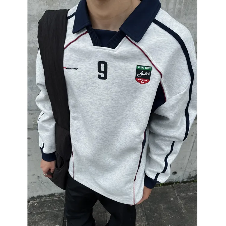 美式复古撞色拼接polo卫衣宽松潮牌cleanfit插肩袖设计师男赛车服