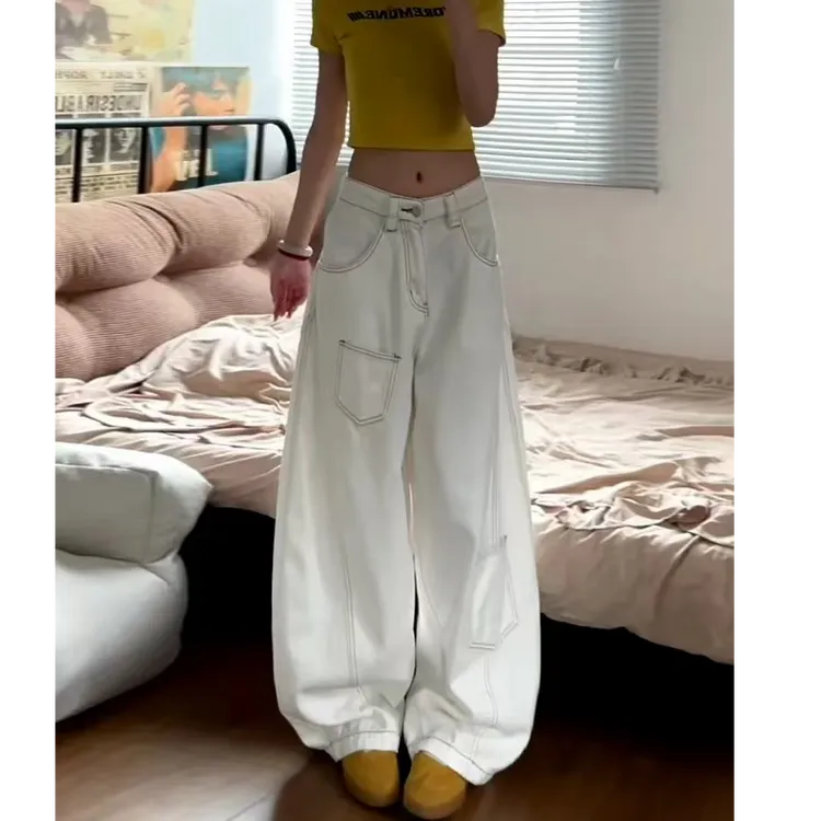 美式复古明线设计弯刀牛仔裤男夏季新款高街白色显瘦阔腿拖地长裤
