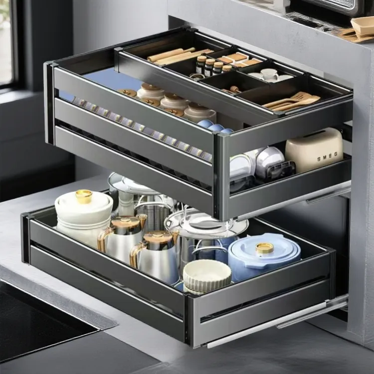 轻奢阿茉莉太空铝合金双层厨房橱柜抽屉式碗篮加厚大容量橱柜拉篮