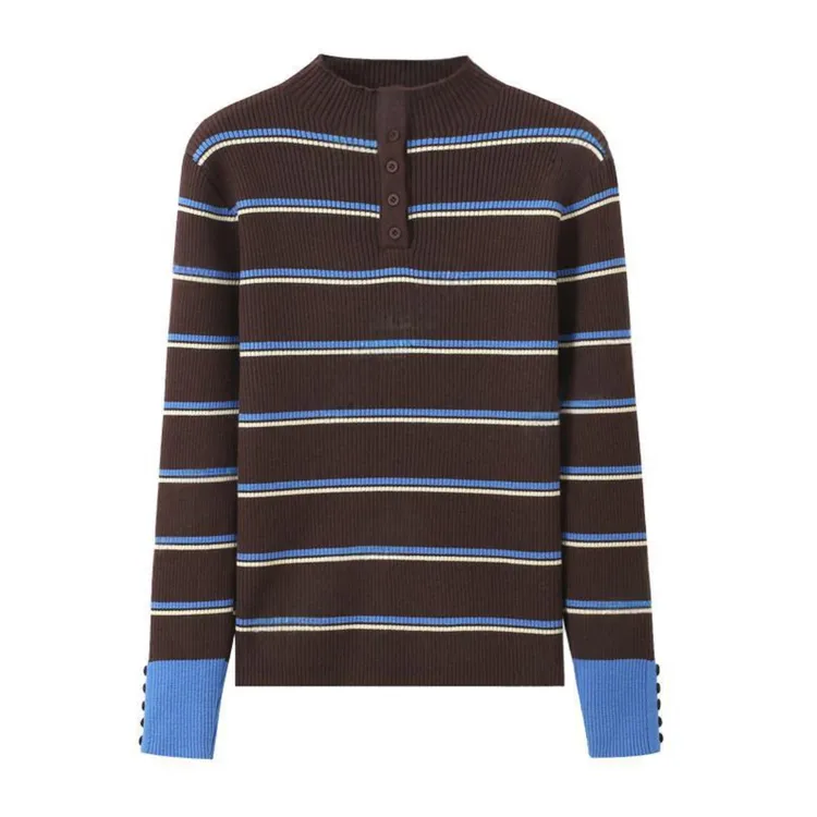 韩系条纹撞色纽扣半高领长袖打底针织衫女洋气减龄套头毛衣K1-74