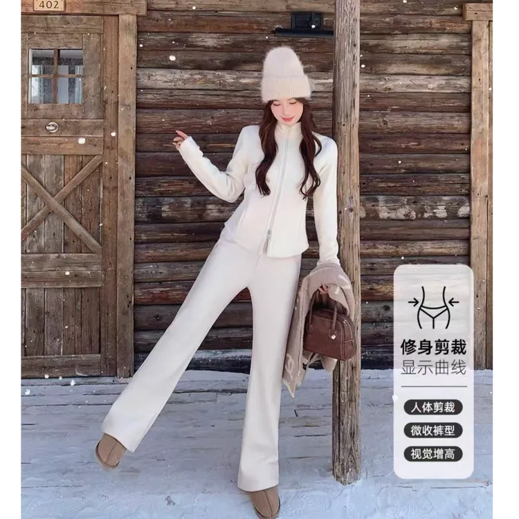 【运费补贴】瑜伽修身运动套装女摇粒绒德绒拉链上衣喇叭裤卫裤套装