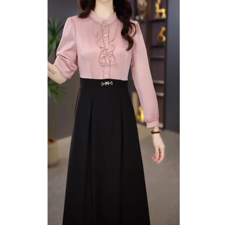 启慕女装2025早秋名媛气质时尚洋气减龄粉色百搭连衣裙M