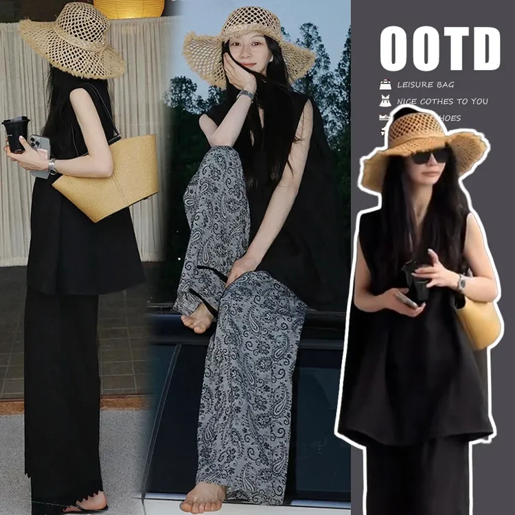 大码时尚洋气气质显瘦简约高级感宽肩上衣＋碎花裤纯色裤