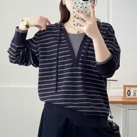 微胖MM秋季新款条纹假两件针织衫女大码宽松百搭连帽长袖毛衣上衣