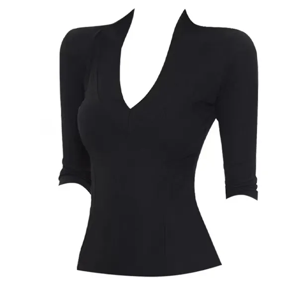 大码女装辣妹风黑色V领正肩中袖T恤女胖MM显瘦修身百搭打底衫上衣