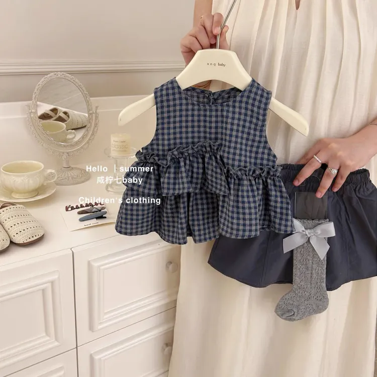 【达人专属】2025夏季新韩系女童无袖背心夏儿童格子上衣短裤套装
