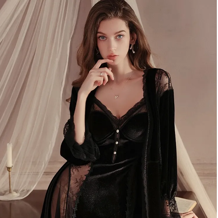 维密诱惑丝绒睡衣聚拢加胸垫网纱性感睡裙蕾丝轻奢保密发货