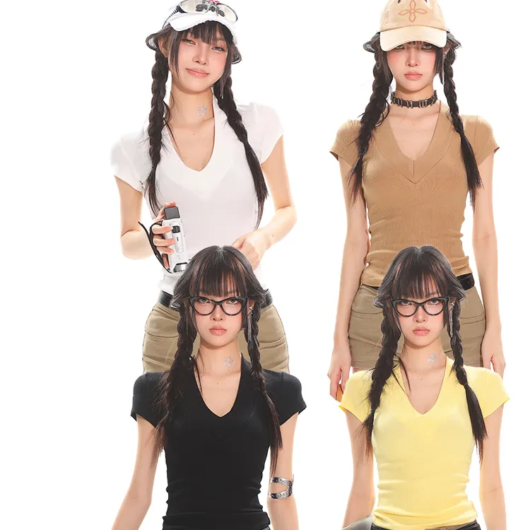 朋克风学院风男友风辣妹风V领T恤学生紧身夏季lulu风