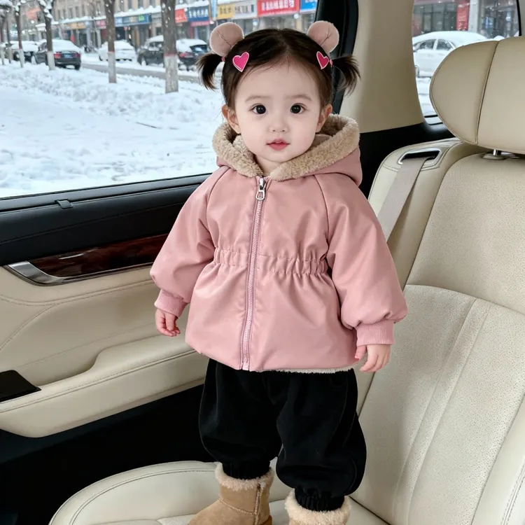 w350红粉冬季皮毛衣外套加毛冬款加厚儿童洋气宝宝暖棉衣洋气简约