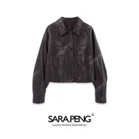 SARA.PENG时尚伦敦｜水晶油腊头层羊皮羊腿袖百搭皮外套｜1D168456