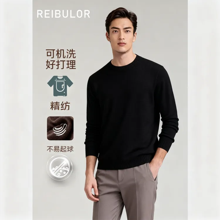 REIBULOR/雷宝路秋季14针精纺针织羊毛衫男圆领纯色休闲抗起球