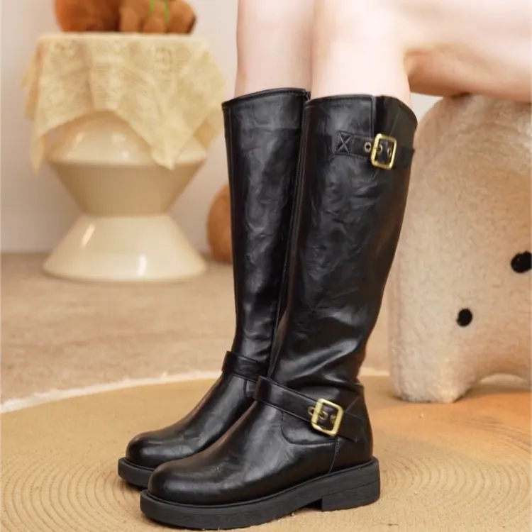 百思图秋冬新款时尚户外街头骑士长靴高筒粗跟女加绒靴子W0819DG4