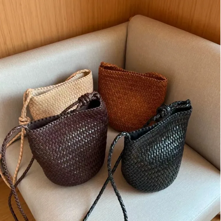 小众设计法式头层牛皮手工编织水桶包女真皮单肩斜挎包