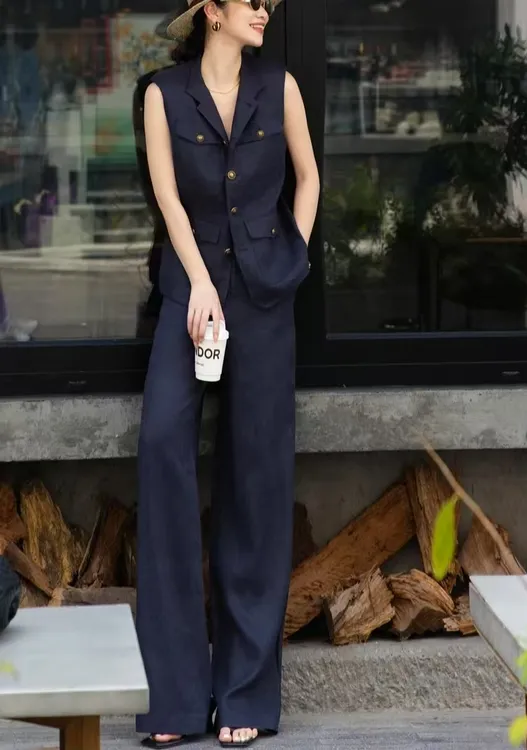 夏季亚麻马甲冰凉套装阔腿裤职业两件套老钱风无袖薄款2512-HJZ