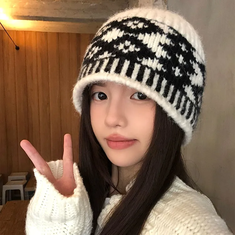 费尔岛针织帽女秋冬2025新款渔夫帽韩系百搭保暖防寒护耳毛线帽