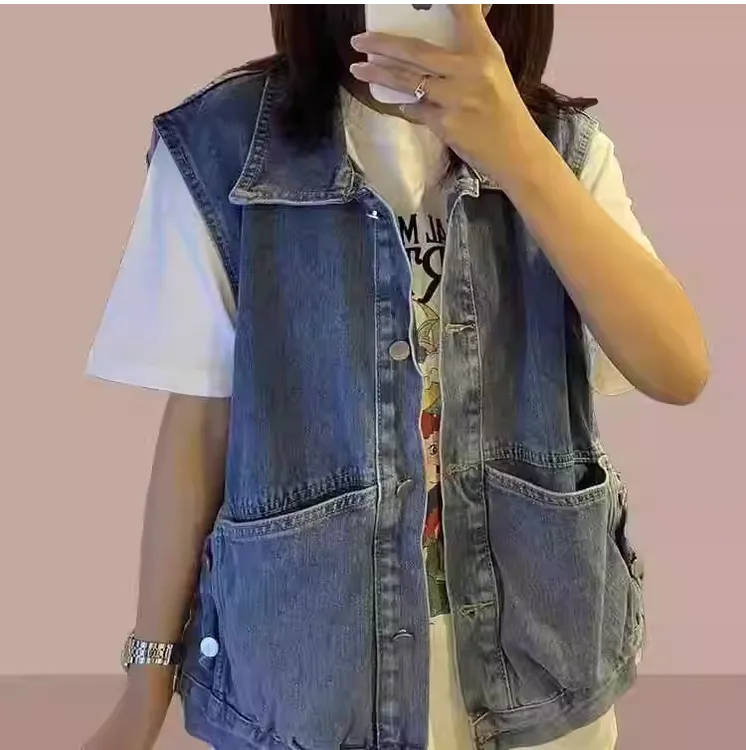 韩版宽松工装马甲外搭牛仔马夹外套女春秋季潮流外穿无袖坎肩上衣