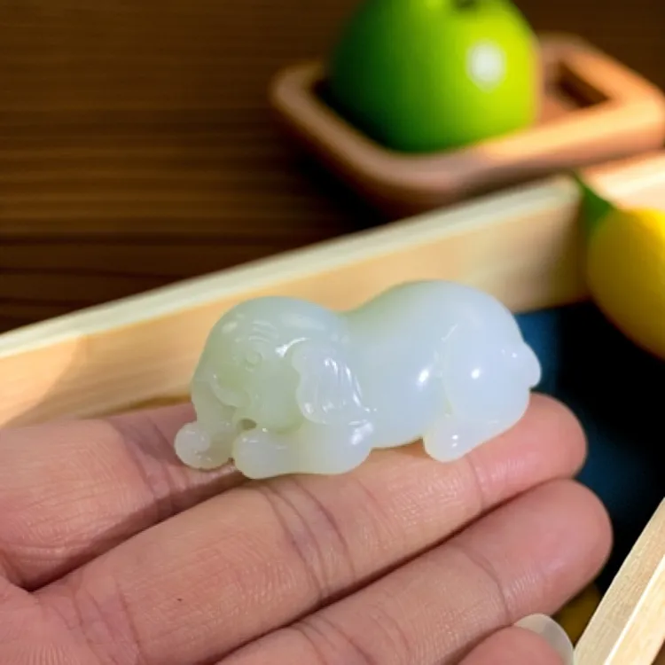 天然和田玉俄料青白玉带翠纯手工雕刻大象手把件《吉祥》时尚款吊坠