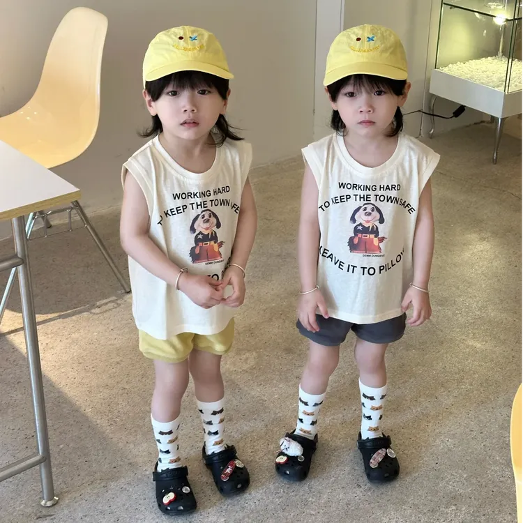 壹妈韩版童装男童时髦套装夏季洋气儿童休闲卡通印花t恤背心短裤