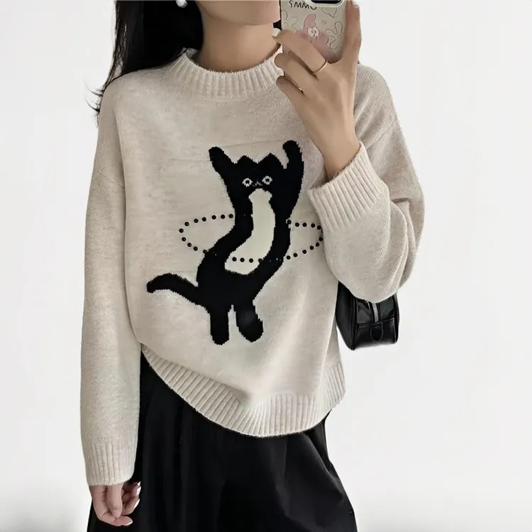 美式猫咪慵懒风宽松毛衣女套头针织衫上衣长袖秋冬新款套头打底衫