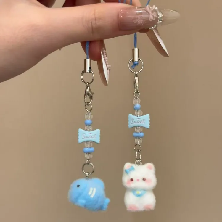 新款卡通可爱植绒立体树脂糖果猫咪小鱼 钥匙链包包挂件手机挂绳