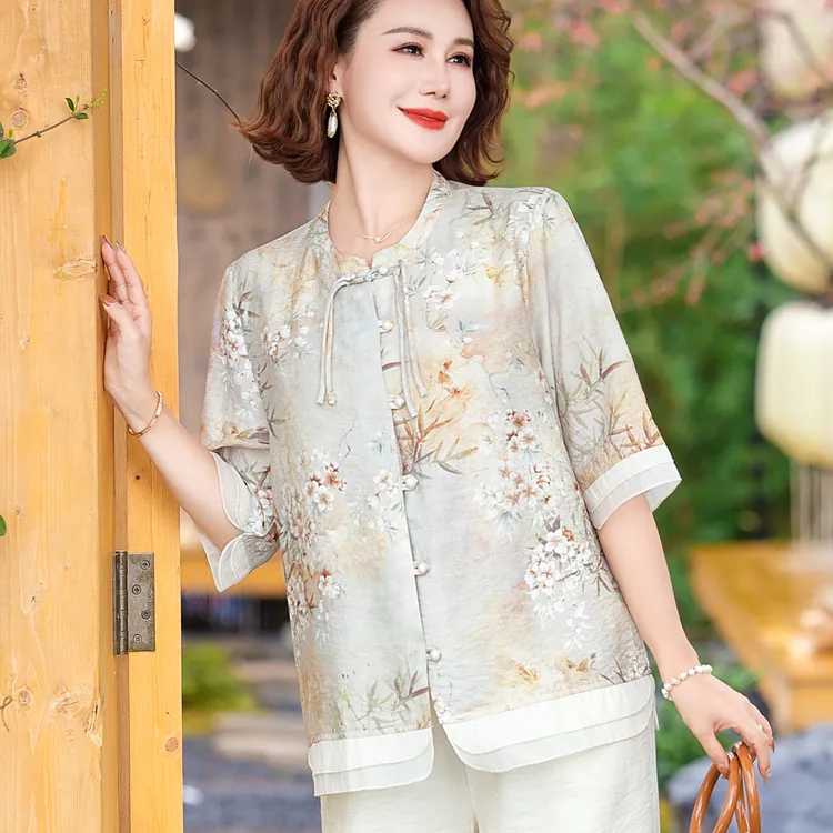 温柔中年妈妈上衣新中式风夏季时尚短袖套装加大码太太两件套