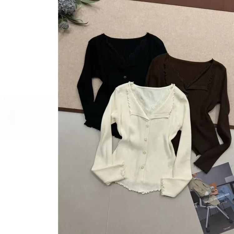 蕾丝翻领显瘦百搭通勤设计感亮韩系网纱V领毛织假两件上衣I6-57
