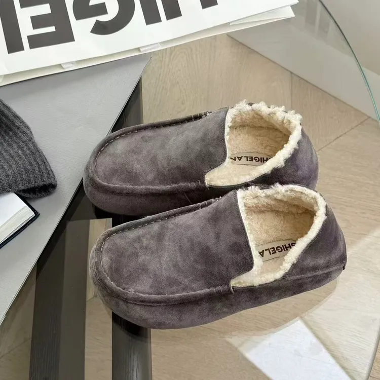 诗歌兰真皮女2025新款时尚复古加绒保暖乐福鞋百搭轻便一脚蹬棉鞋