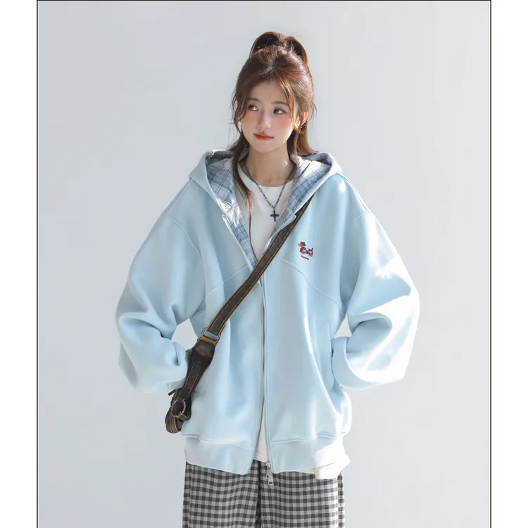 新款韩系格子拼接腊肠狗刺绣外套女春秋慵懒感宽松卫衣开衫