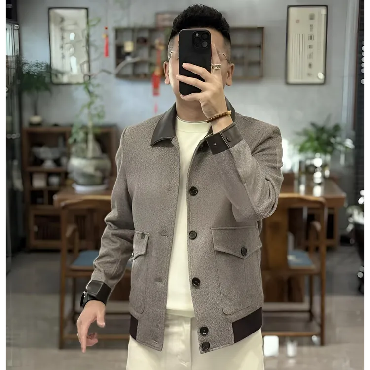 25886欧货秋季时尚百搭复古风翻领系扣拼羊皮男士外套