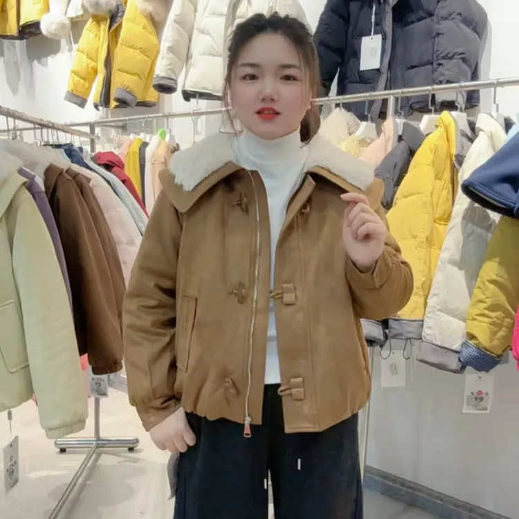 冬季新款大翻领加绒加厚韩版百搭外套时尚加毛外套