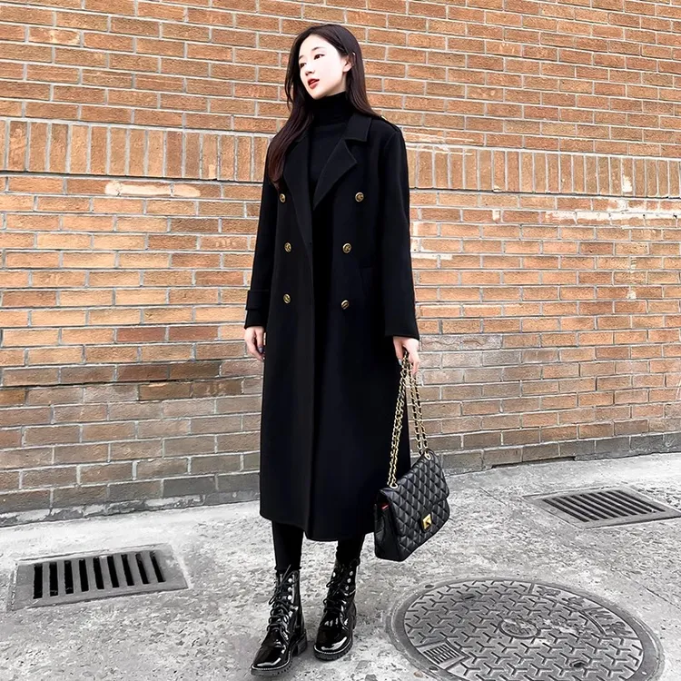 大码黑色羊毛大衣女长款2024冬胖mm加厚气质宽松高级流行毛呢外套
