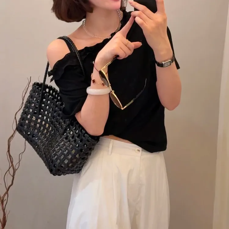 韩版宽松休闲斜领露肩短袖T恤女上衣2025春夏新款女正肩显白百搭
