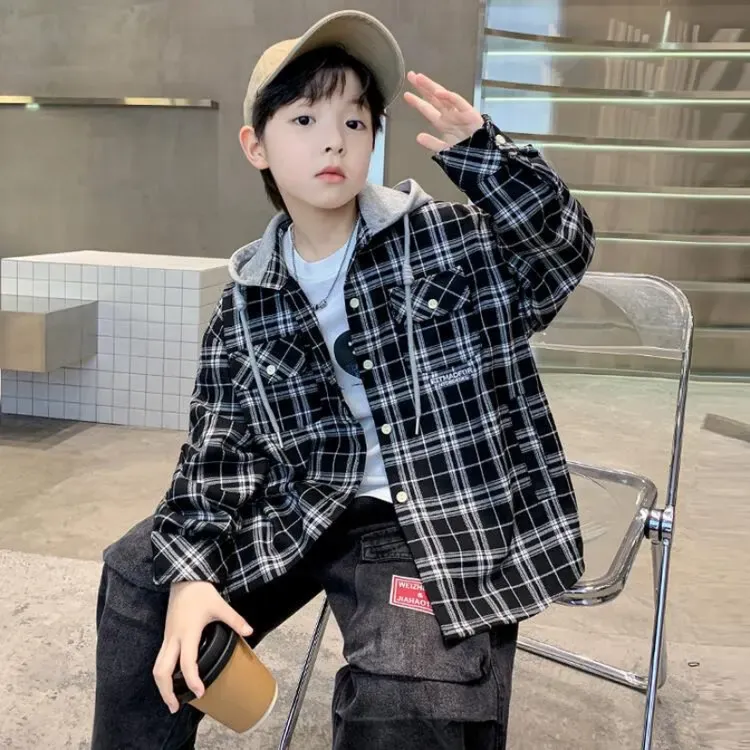 现货秋上新~2025新中大童格子连帽衬衫休闲韩版时尚款00309