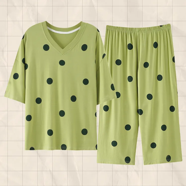 带胸垫夏季莫代尔睡衣女套装加大码短袖七分裤夏天薄款凉感家居服