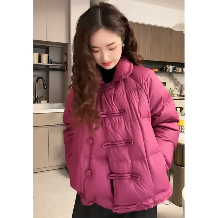 韩系休闲百搭盘扣纯色棉服女2026冬季新款时尚显瘦翻领简约外套潮